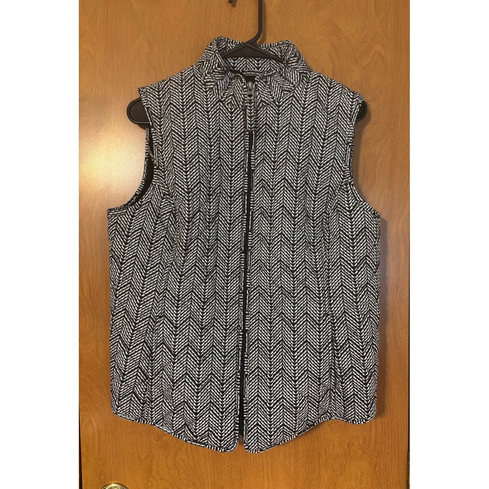 Van Heusen Womens Black White Chevron Herringbone Quilted Zip Up Vest Large
